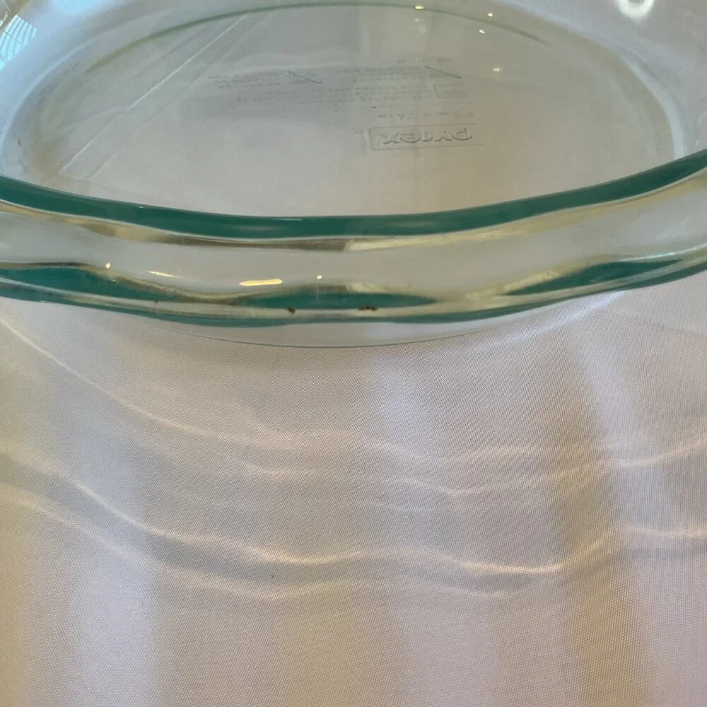 Vintage Pyrex 9.5” Round Fluted Pie Plate |  Retro Clear Glass Green Tint |  USA